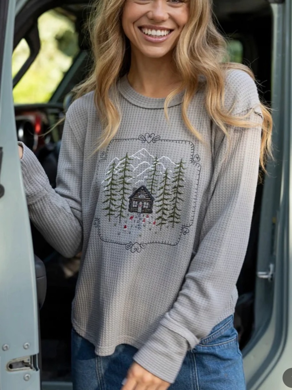 NATURAL LIFE Parker Embroidered Waffle Thermal Tee with Cabin & Pine Tree Design